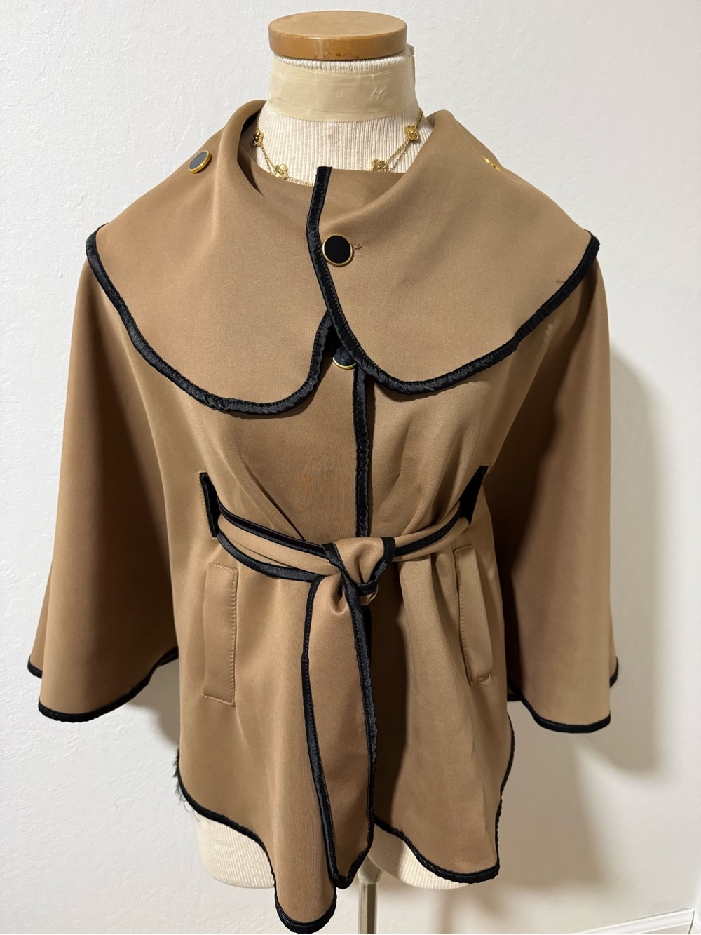 Camel Brown Cape-Style Belted Sweater with Black Trim